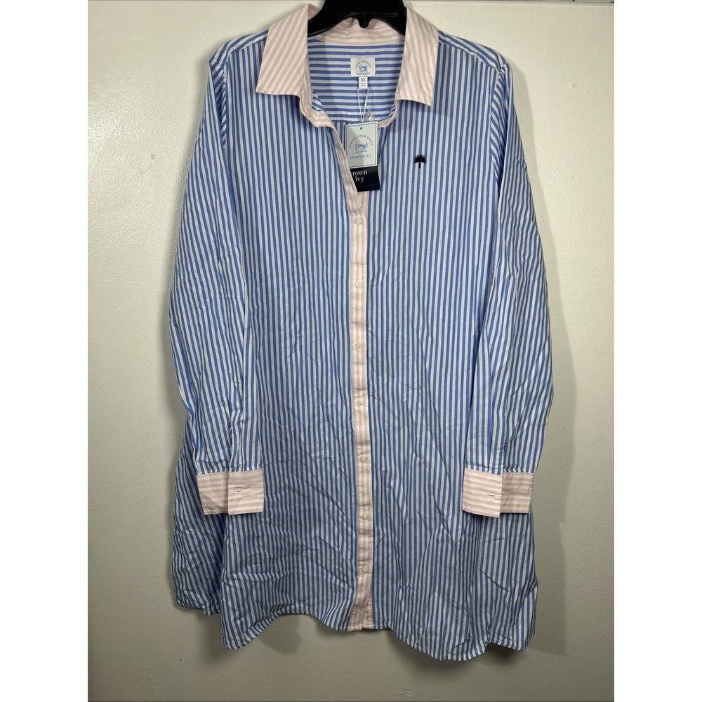 Crown & Ivy Shirt Dress Women XL Blue Stripe Pink Coastal Cottage Preppy 6442